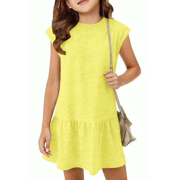 CCRFTGI Girls Cap Sleeve Dress Spring Summer Casual Ruffle Beach Midi Crewneck Girls Fashion Loose Dresses for Kids Yellow 9-10 Years