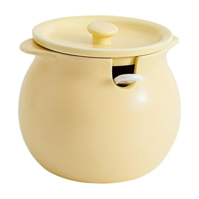 Recipiente de cocina, tarro de manteca de cerdo con tapa, cuchara, olla para condimentos, tanque de almacenamiento de alimentos, bote de cerámica, Amarillo