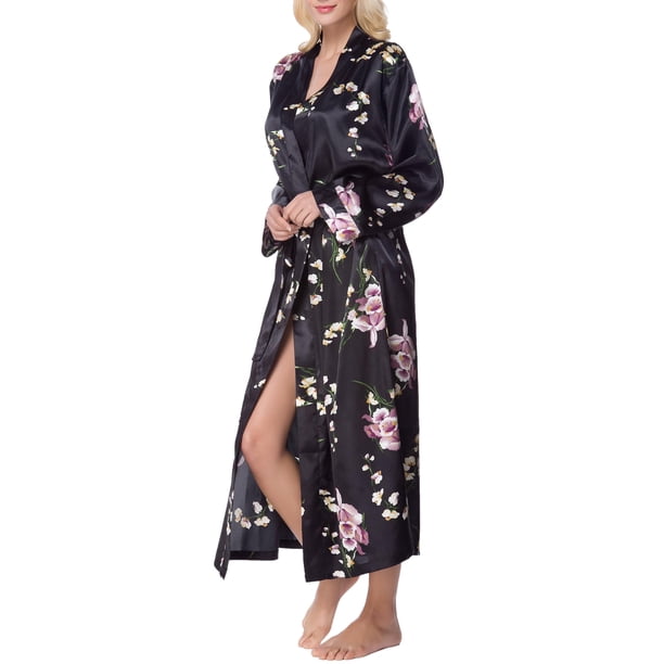 Lavenderi Albornoz Largo Clásico De Satén Tipo Kimono Para Mujer (L Negro Aop)