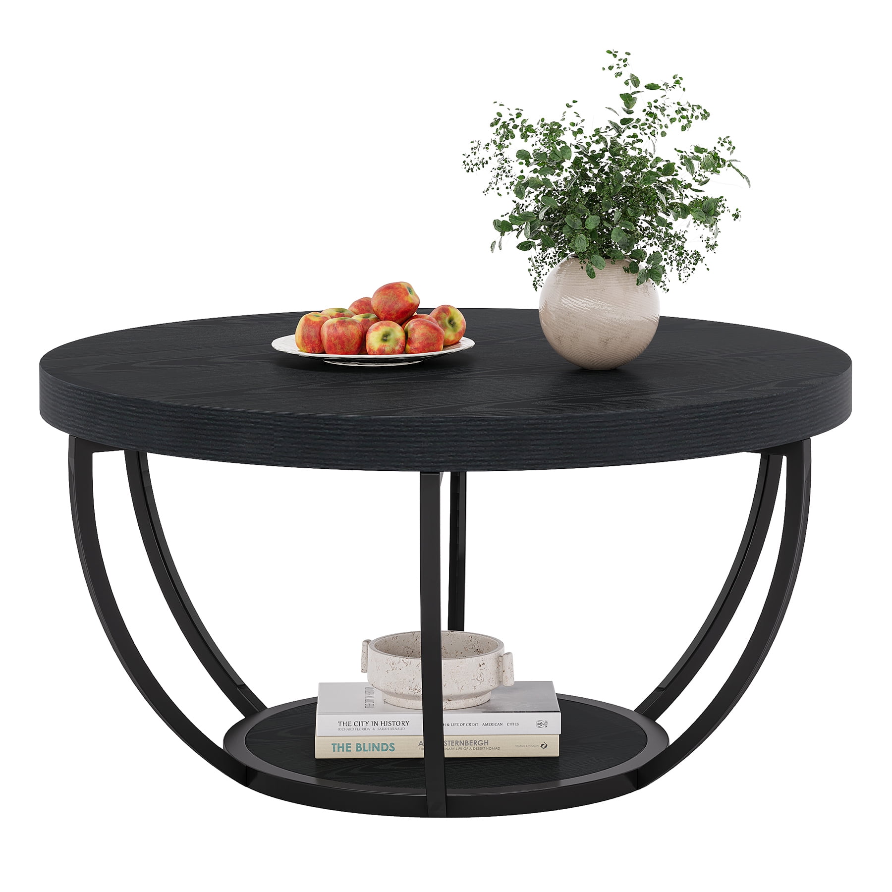 Fnova Coffee Table with 2 - Tier Storage, 32" Round Wood Coffee Table with Metal Legs, Modern Rustic Style Center Table for Living Room, Dark Black