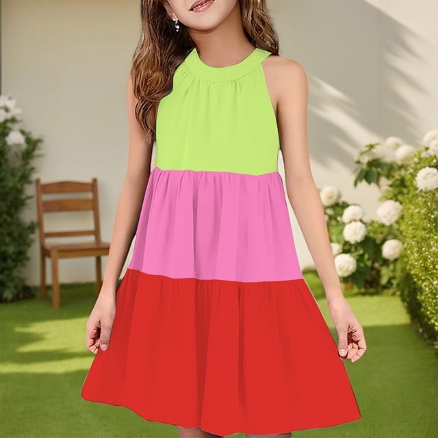 QTBIUQ Robe Sans Manches à Col Rond 3 Tons pour Fille avec Camisole et Poche Décontractée Quotidienne Polyvalente pour Vacances Fête Jeu Ensemble d'Été Style Mignon et Concis (Rose, 7-8 Ans)