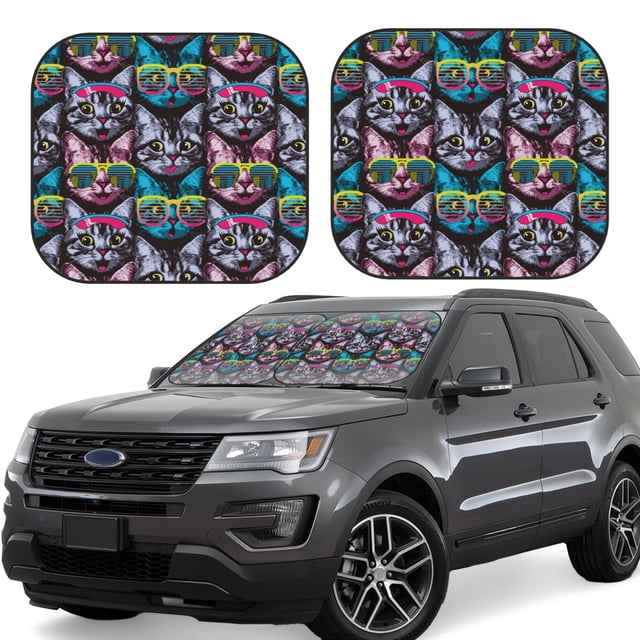 Balery Happy Kitten Faces Parasol para parabrisas de coche de 2 piezas | Parasol plegable para parabrisas delantero de coche para la mayoría de sedanes-Small