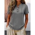 thumbnail image 5 of Henley Shirts for Women Contrast Stitching Short Sleeve Blouse Button Down Stand Collar Tunic Tops Gray M, 5 of 6