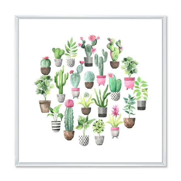 Designart 'Cactus In Ceramic Pots In Gentle Tones II' Traditional Framed Canvas Wall Art Print