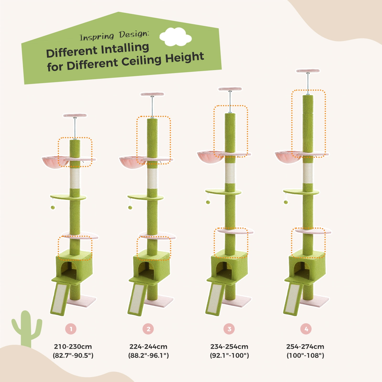 Pefilos 5 Tiers Cat Tree Floor to Ceiling, Adjustable Height (83"-108") Climbing Cat Tower for Indoor Cats with Condo, Scratching Post, Green&Pink