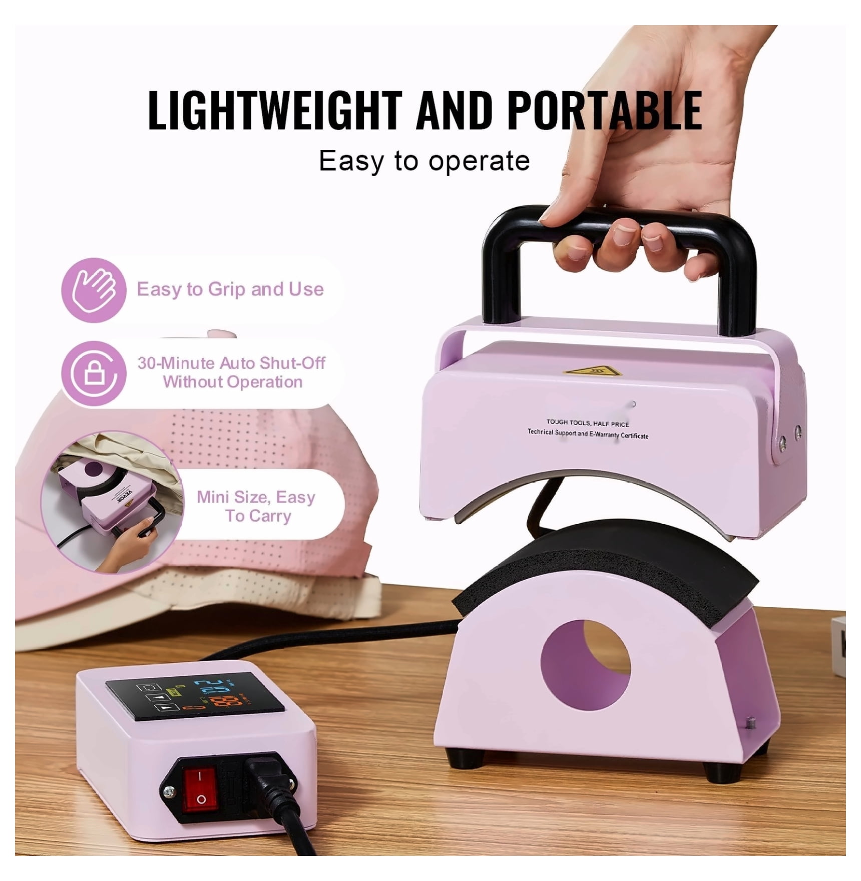Hat Press Machine Mini for Caps 5.9x3.15 inch - Portable Heat Press for Hat DIY Crafts - Curved Ceramic Plate, Adjustable Temp, Silicone Pad