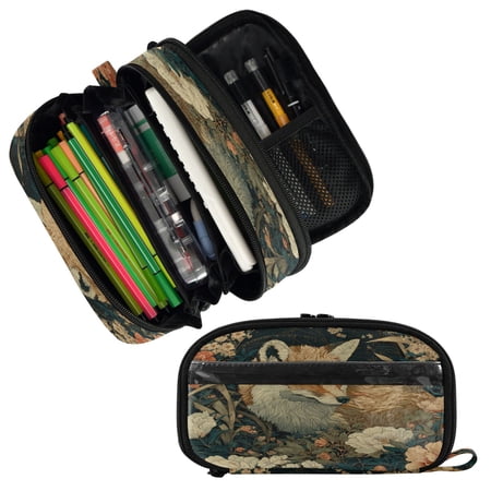 PVC Pencil Case Multi Compartment Large Capacity Dual Zipper Stationery Bag for Office Travel Fox Flower Forest