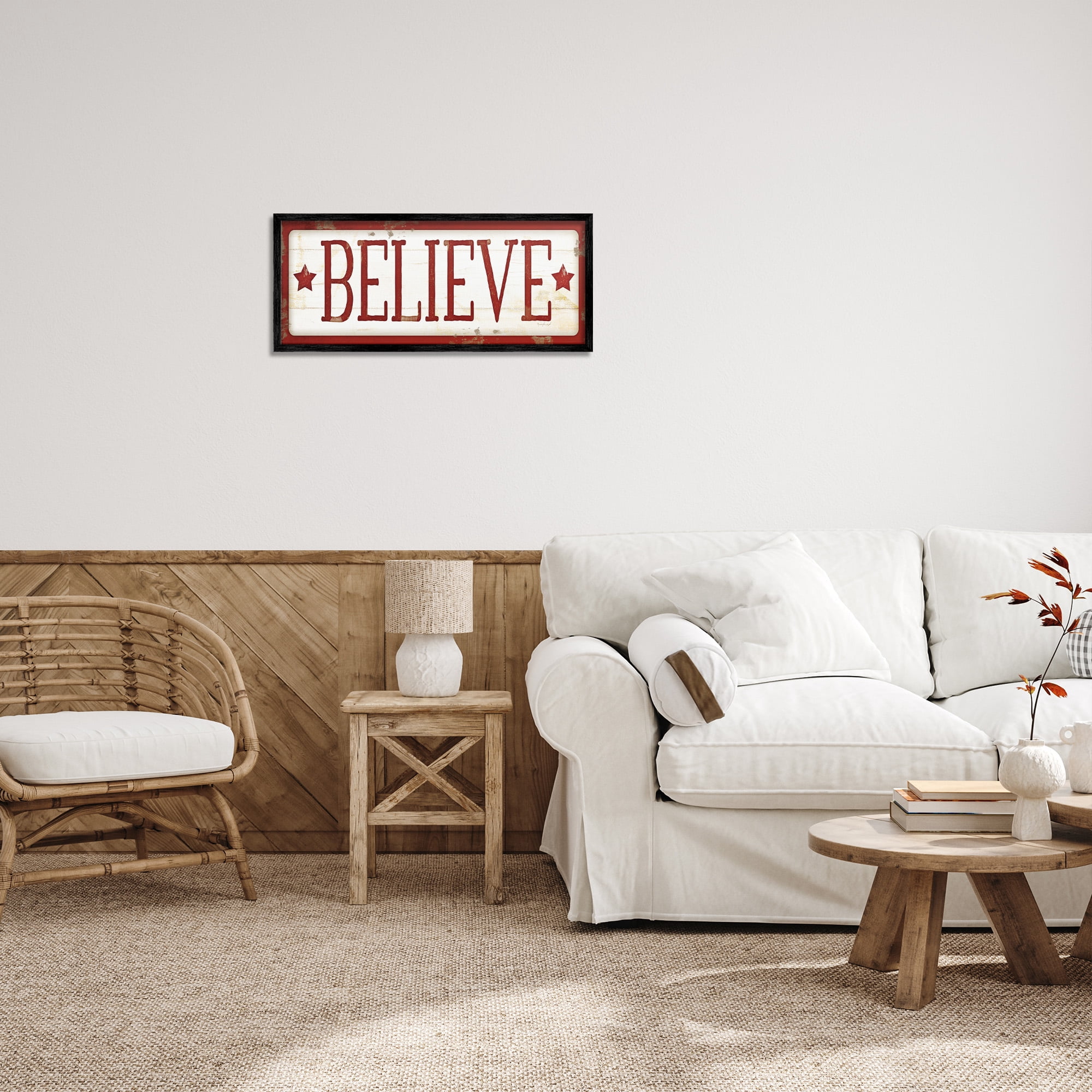 Stupell Industries Believe Red Christmas Phrase Holiday Painting Black Framed Art Print Wall Art, 24 x 10