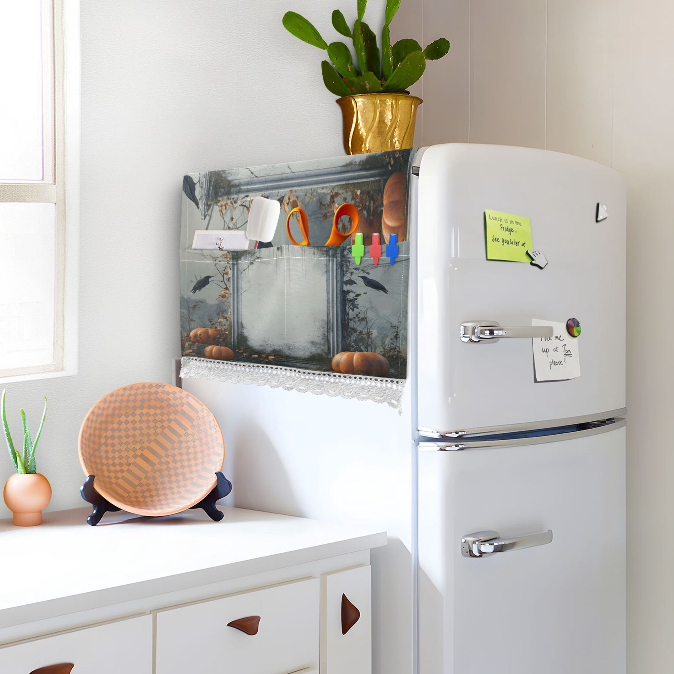 White Tombstone with Pumpkins Washer and Dryer Covers Dust-Proof and Oil Resistant Fridge Cover with 4 Storage Pockets Washing Machine Top Cover for Laundry Kitchen Home 51.2 x 22 In