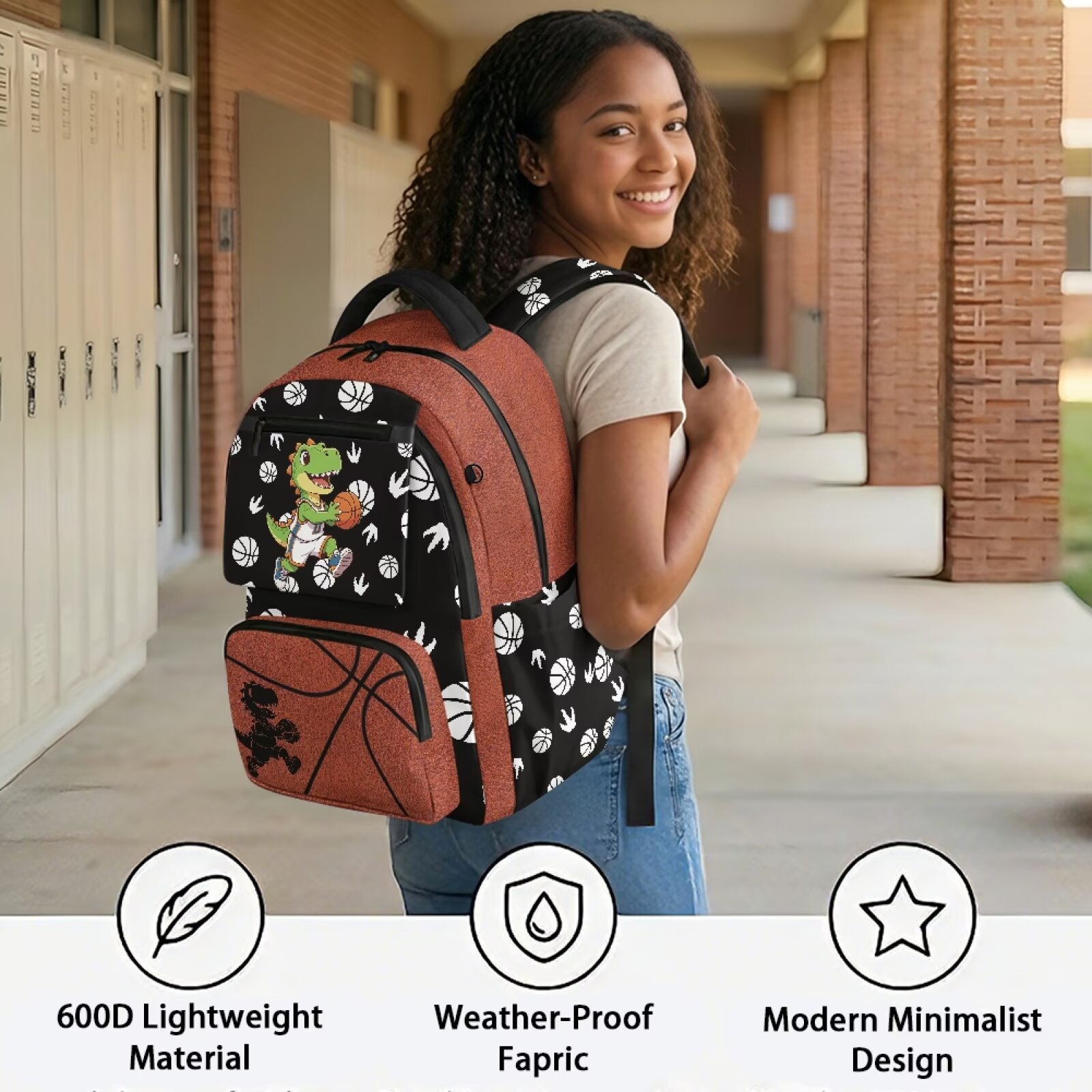 Mochila escolar para niños de 17 pulgadas, gran capacidad, resistente al agua, poliéster, ligera, con estampado de baloncesto y dinosaurio, para primaria, viajes y senderismo 5