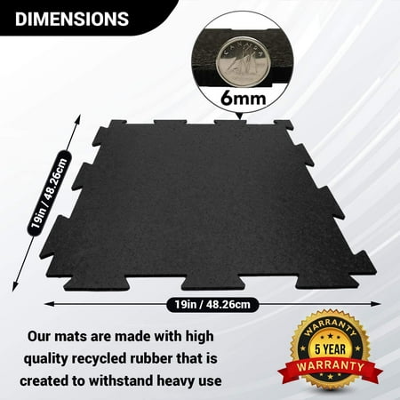 Rubber King 19 x 19 x 6mm Thick Fitness Rubber Tiles; 23.5 SF Black 10 Piece