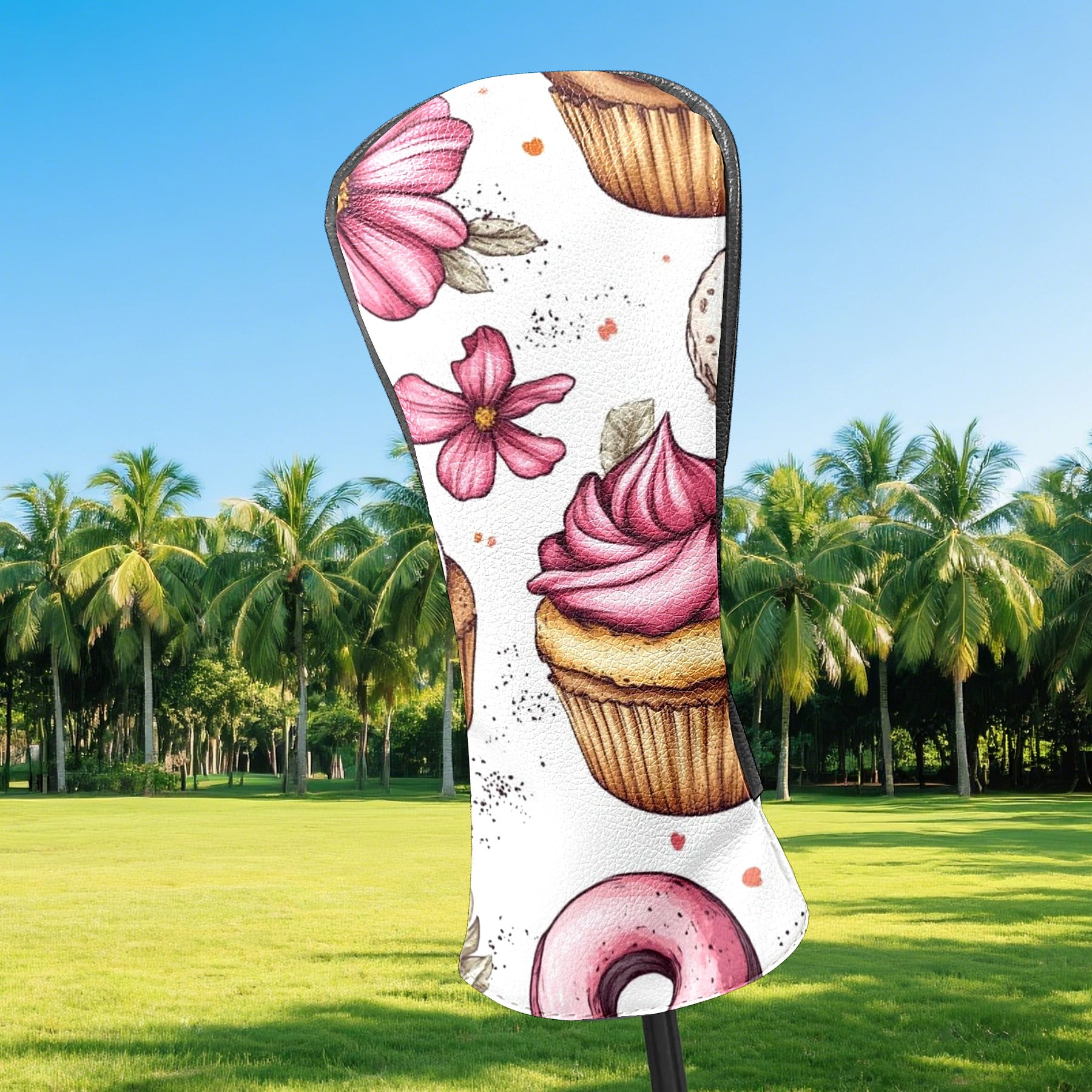 Golf Head Covers Cake Pattern for Driver, Wood & Hybrid, Premium Waterproof PU Leather with Plush Lining, Fun Food Golf Gifts