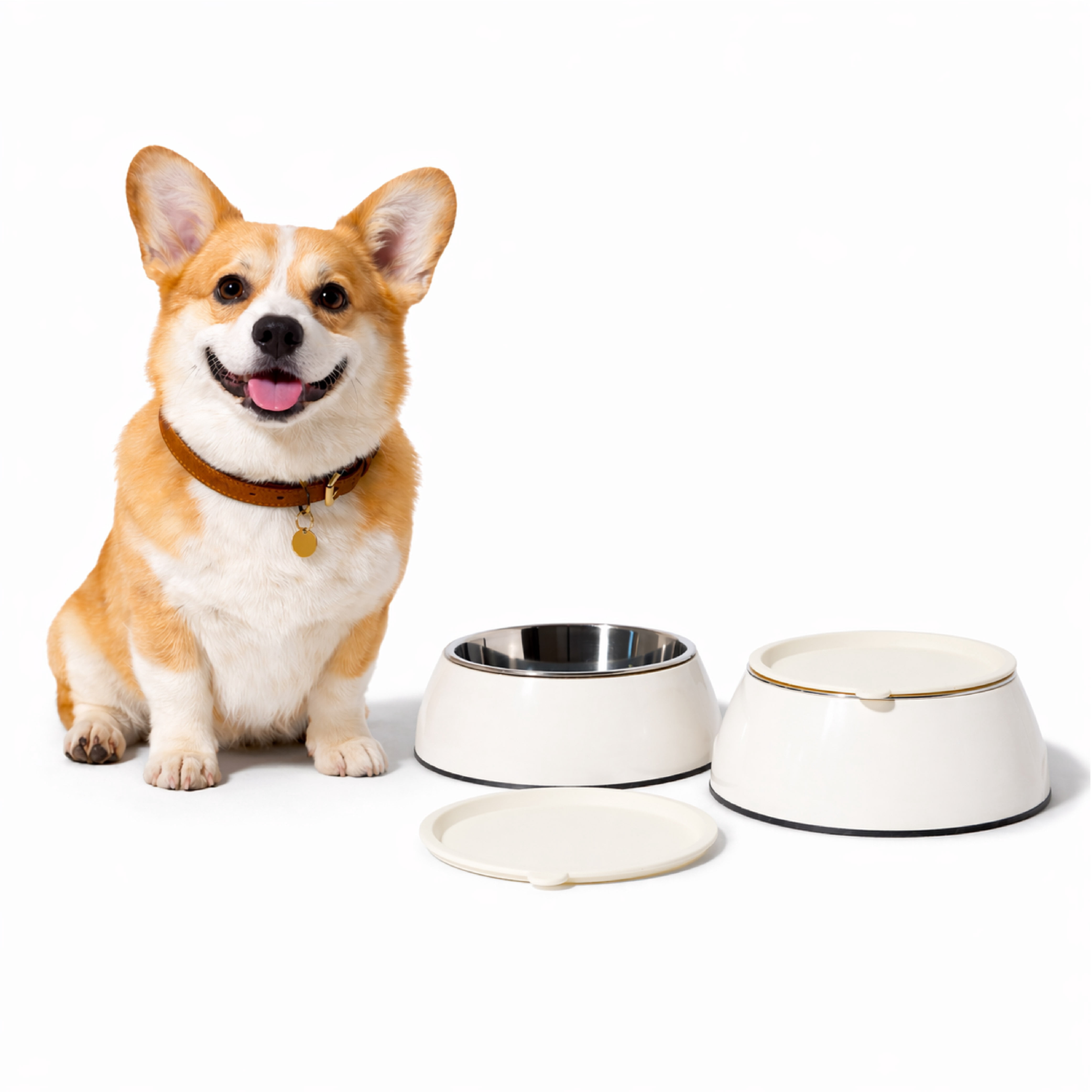 3 in 1 Martha Stewart Melamine Dog Bowl Set with Lid for Small/Medium Dogs, Cream