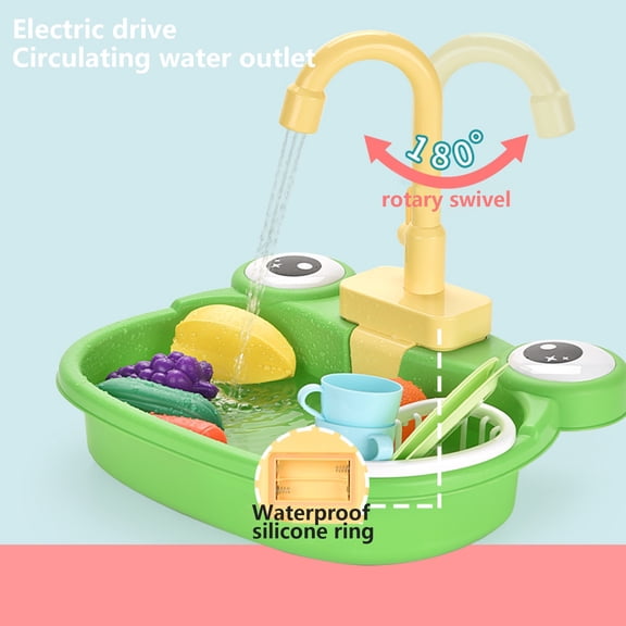 Kids Pretend Play Kitchen Sink with Electric Running Water, Cute Cartoon Dishwashing Toy, Top Christmas Birthday Holiday Gift, Educational Fine Motor Toy for Toddler Boys Girls Ages 3