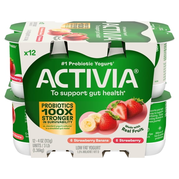 Activia Strawberry and Strawberry Banana Low Fat Probiotic Yogurt Cups Variety Pack, Helps Support Gut Health, 4 oz, 12 Count