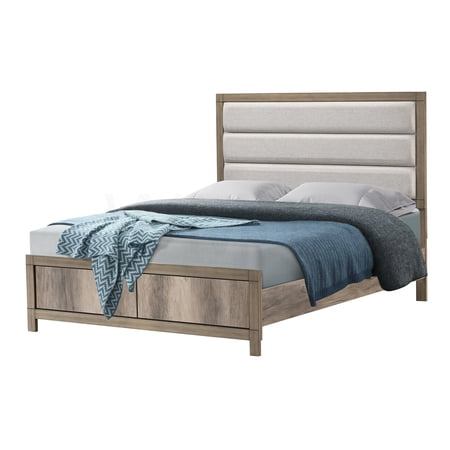 Full Size Upholstered Bed Frame with Channel Tufted Headboard Modern Weathered Gray Finish Wooden Platform Base Rustic Contemporary Style