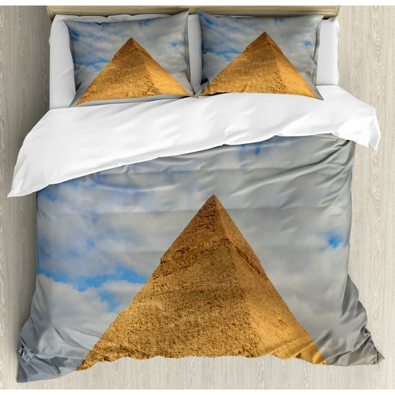 Egyptian Print Duvet Cover Set, Top of Pyramid Photo with Fluffy Cloudy Soft Sky, Decorative 3 Piece Bedding Set with 2 Pillow Shams, Calking Size, Caramel Pale Orange, by Ambesonne