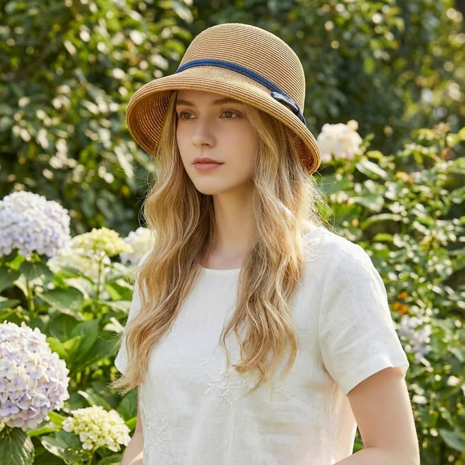 Kukuzhu Straw Bonnet Hat for Women, Wide Brim Foldable Packable Sun Bucket Hat UPF50+ Summer Beach Cap for Travel Outdoor