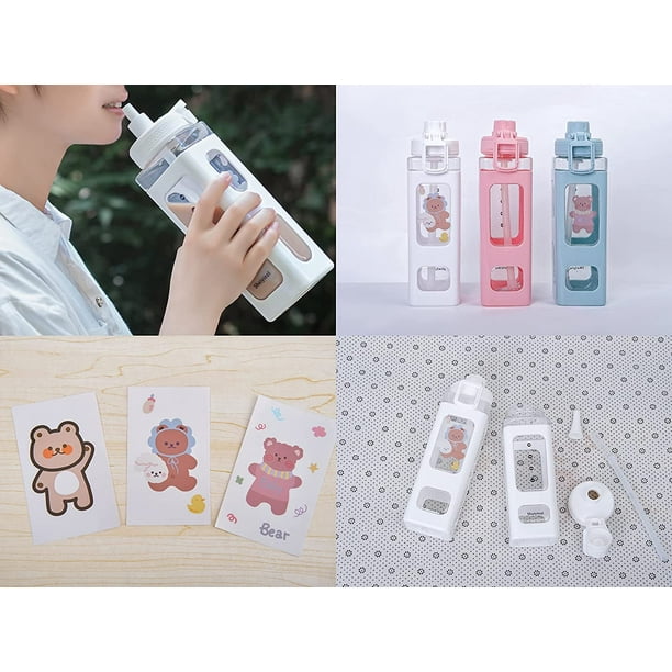 Kawaii Water Bottle With Straw And Sticker 23.6Oz No Leak Large Cute Kawaii  Bear Water Bottles Sport Plastic Portable Square Drinking Bottle For Kids