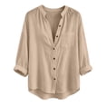 thumbnail image 6 of VBVC Women's Cotton Linen V Neck Henley Shirt , Long Sleeve Summer Tops , Ladies' Lightweight Button Up Tee with Pockets, Khaki , S-3XL, 6 of 10
