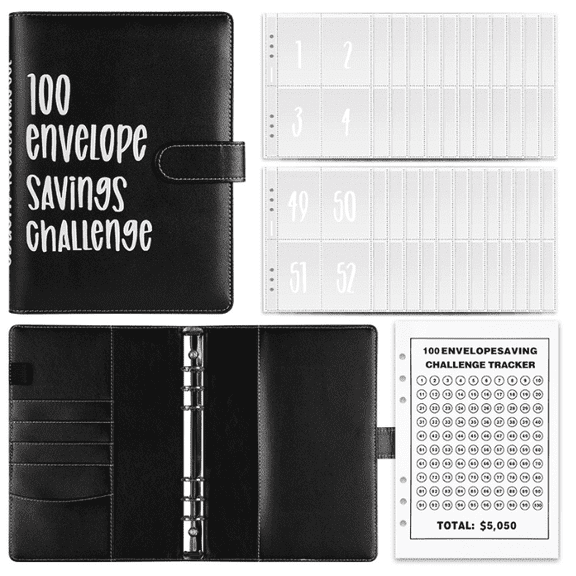 100 Envelopes Money Saving Challenge, Envelopes Challenge Binder, Envelope Savings Challenge Book with a Budget Binder and Cash Envelopes, Fun Budget Binder for Saving $5,050 (Black)