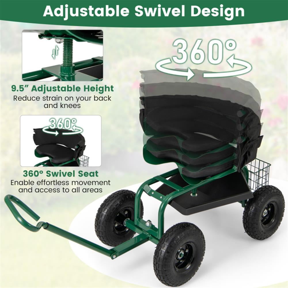 Resenkos Garden Utility Wagon Cart, Farm Wagon Cart,Cushioned Rolling Garden Cart Scooter with Storage Basket and Tool Pouch-Green