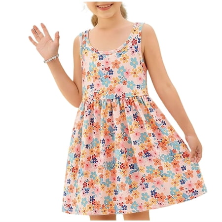 CYRBOKO Girls Sundresses Sleeveless A-line Casual Printed Summer Dresses Yellow Size 3-4 T