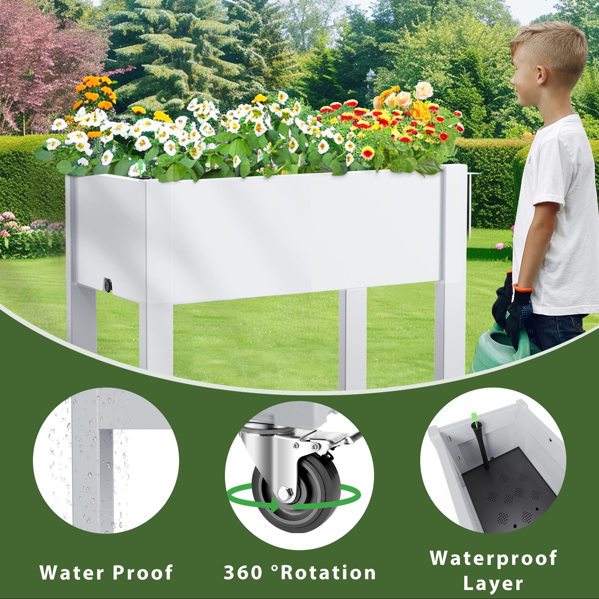 MAYEERTY Mobile Raised Garden Bed with Wheels, Built-In Water Storage for Patio Balcony Gardening
