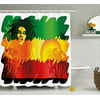Rasta Shower Curtain, Iconic Reggae Music Singer Abstract Design with Sun and Palm Trees, Fabric Bathroom Set with Hooks, 69W X 70L Inches, Green Yellow Red and Orange, by Ambesonne