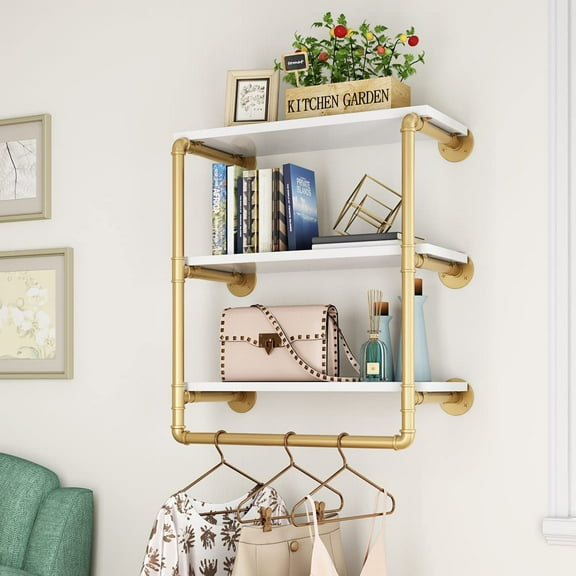 24" Industrial Pipe Shelving, Floating Wall Shelves 3 Tier Gold Shelves with Haning Rod Multiple Use for Kitchen, Bedroom,Living Room,Bathroom