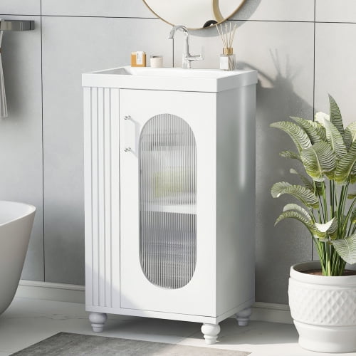MIDODO 20" Small Bathroom Vanity with Sink, Modern  Wood Bathroom Cabinet with Paper Holder and Glass Door