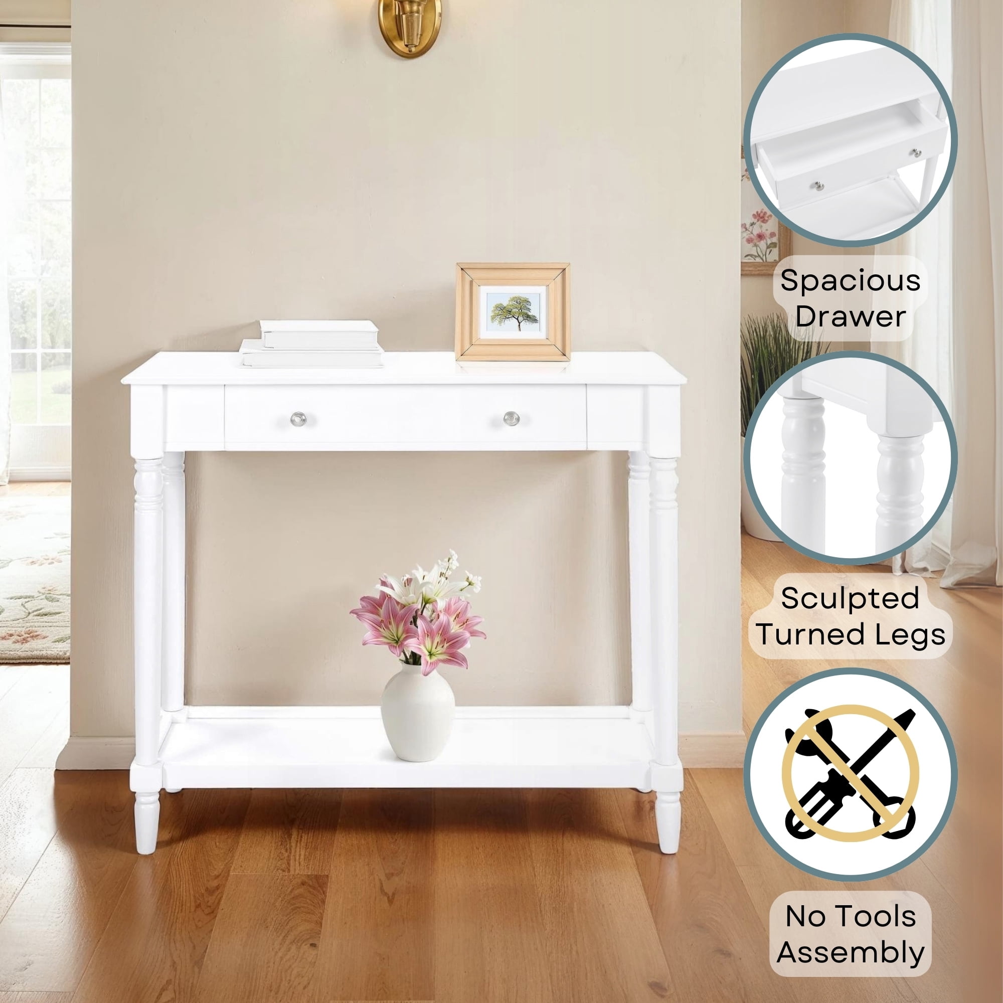 Convenience Concepts French Country Manor No Tools 1 Drawer Hall Entryway Table with Shelf, White
