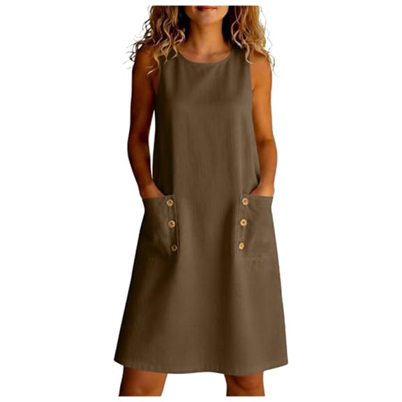 QGJZVUNL Sleeveless Crewneck Dresses for Women Casual Summer Outfits Cotton Linen Midi Dress with Pockets Size M