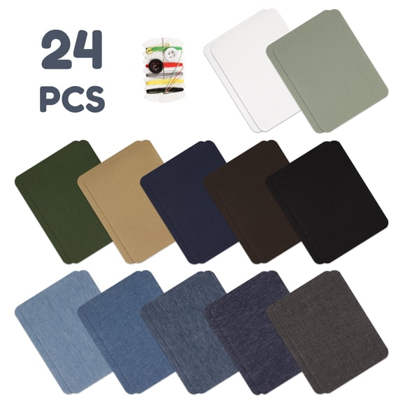 24 Pcs Iron on Fabric Patches Set, 12 Colors Denim Fabric Repair Patches 4.92 x 3.74 Inches with Sewing Kit, Self-Adhesive Repair Decoration for Jeans Jackets Clothes Hats Bags