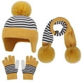 thumbnail image 2 of qolati Kids Winter Knit Warm Beanie Hat Scarf Gloves Set Toddlers Boys Girls Earflaps Fleece Lined Warm Cap Striped Pompom Hats Mittens Scarf Warmer Set 1-5 Years, 2 of 6