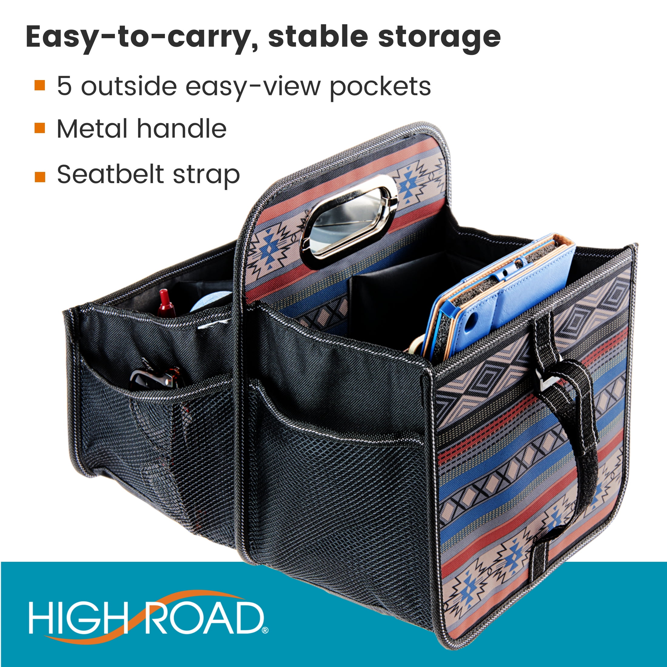 High Road Car Seat Organizer for the Front Passenger or Back Seat with Cup Holder Dividers and Easy Carry Handle Black
