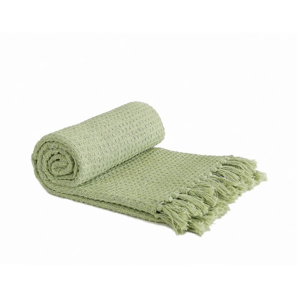 Eco-Friendly Waffle Weave Cotton Throw Blanket for Sofa or Chair - Pistachio Green 130x170cm