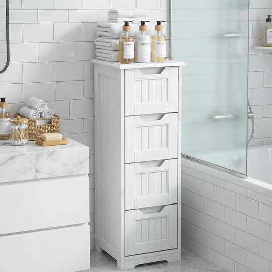 Aiho Wooden Bathroom Floor Cabinet, Side Storage Organizer with 4 Drawers - White