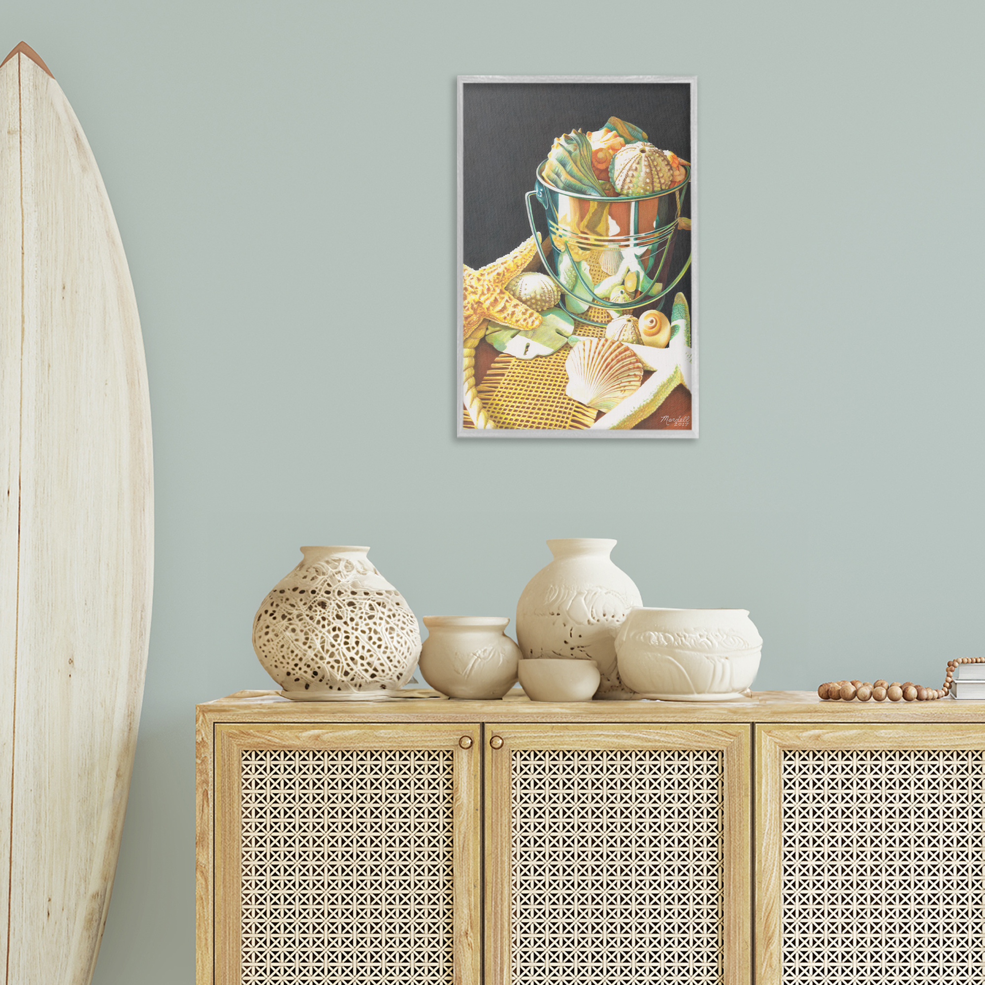 Stupell Industries Bucket Of Seashells Coastal Painting Gray Framed Art Print Wall Art, 16 x 24