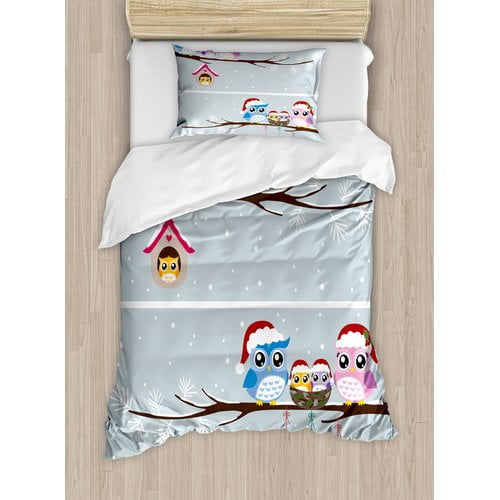 Ambesonne Christmas Owl Family With Santa Hats On Tree Branch With