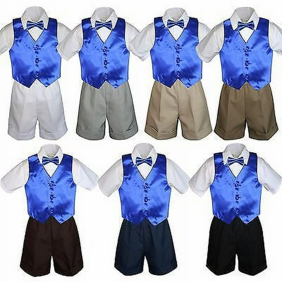 4pc Set Boy Toddler Formal Royal Blue Vest and Bow tie White Khaki Shorts S-4T