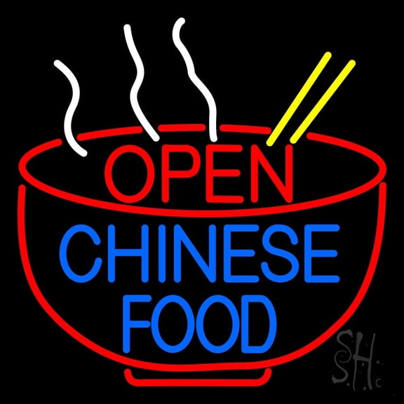 Open Chinese Food In Bowl LED Neon Sign 24 x 24 - inches, Black Square Cut Acrylic Backing, with Dimmer - Bright and Premium built indoor LED Neon Sign for restaurant window and interior decor.
