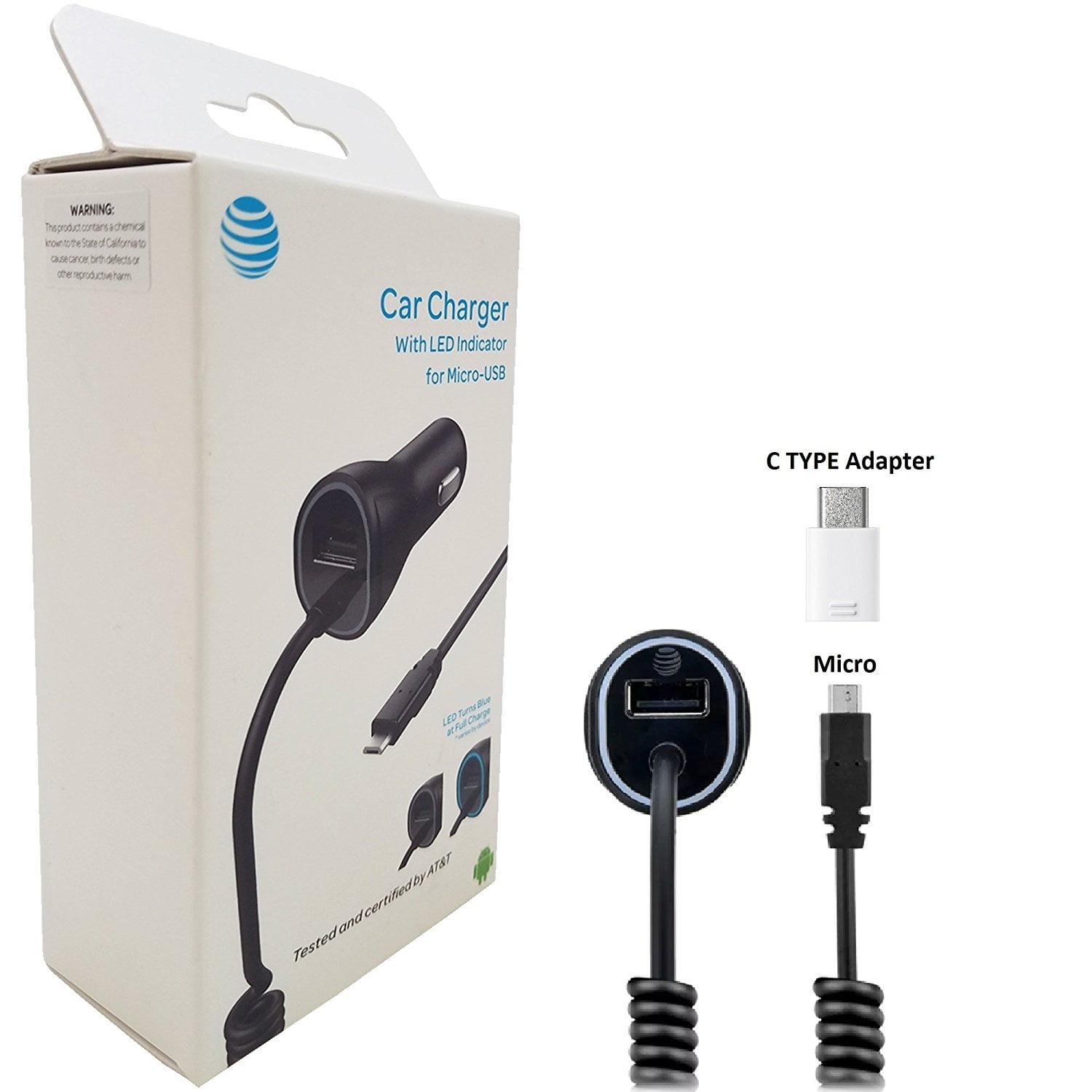 AT&T 3.4Amp Fast Rapid Micro Car Charger & TYPE C Adapter W/ Stylus Extra USB Port,Smart LED