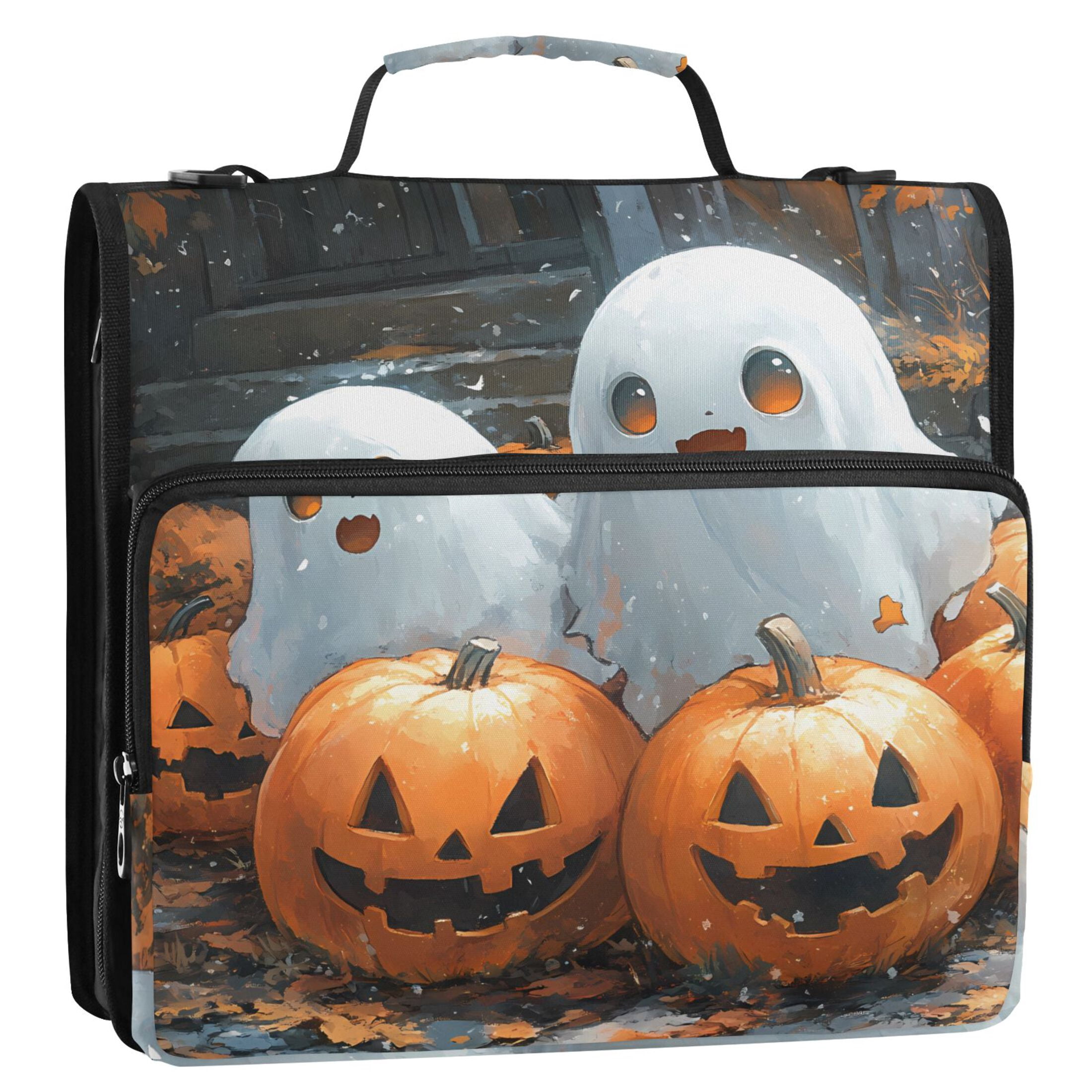 3 Ring Zipper Binder with Shoulder Strap Waterproof Trapper Keeper 2 Inch D-Ring 500 Sheets Capacity Cute Ghosts Play with Pumpkin