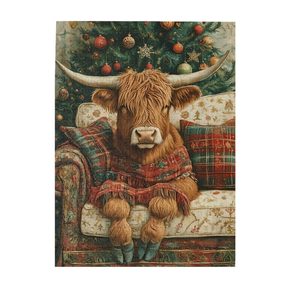 500-Piece Wooden Jigsaw Puzzle for Adults - Highland Cow Plaid Christmas , Interlocking Pieces with Guide Letters, Holiday Gift & Home Decor