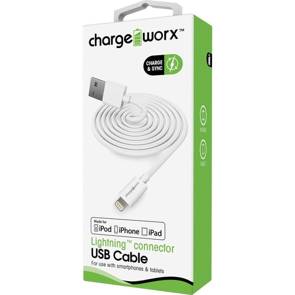 CHARGEWORX MFI Certified 3-Foot Sync & Charge Lightning Cable - White