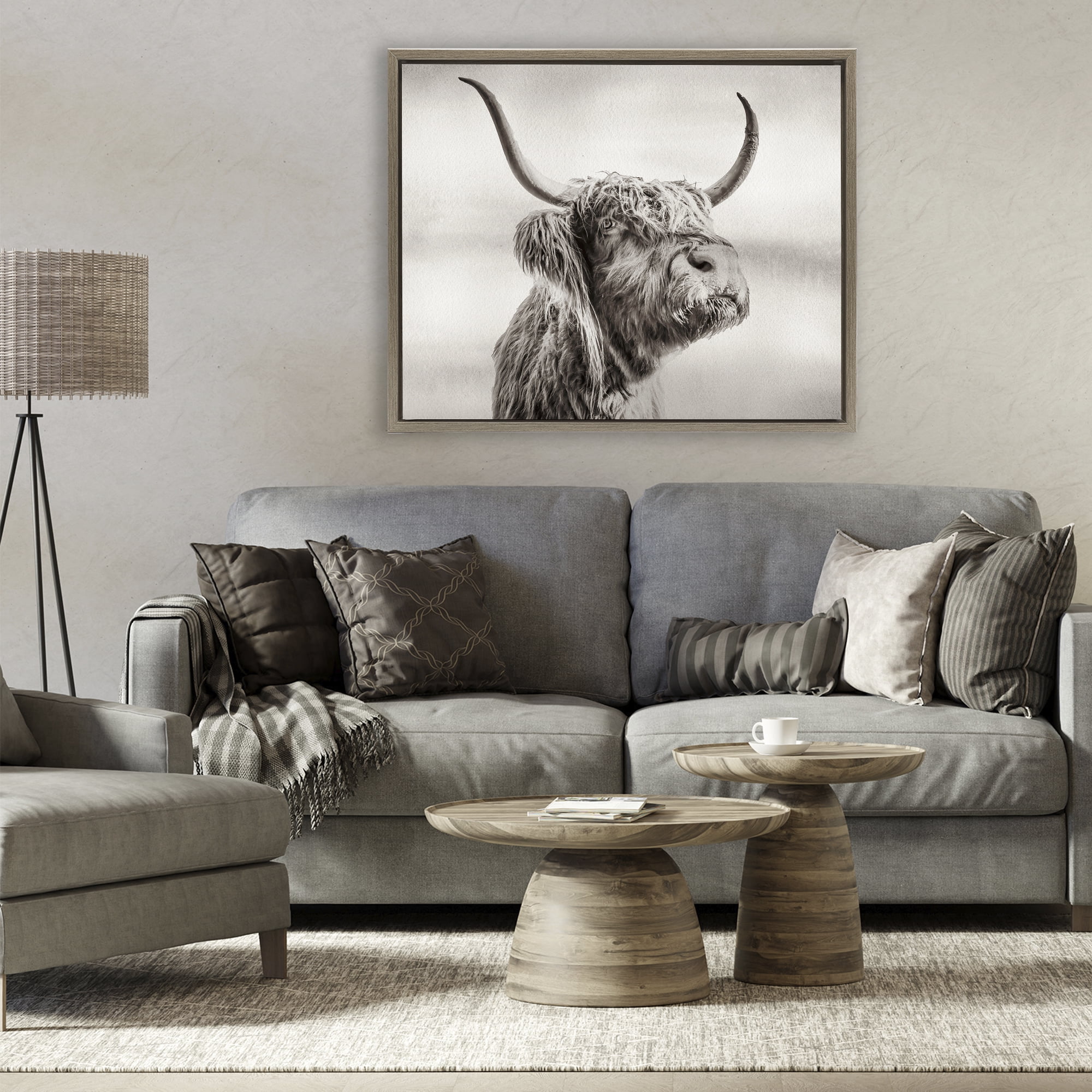 Stupell Industries Horned Highland Cow Gazing Brown Framed Floater Canvas Wall Art, design by Julia Frost