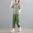 thumbnail image 1 of Traje de lino de algodón de dos piezas informal vintage con estampado grande y holgado de estilo coreano para verano, ropa nueva para mujer, 1 of 5