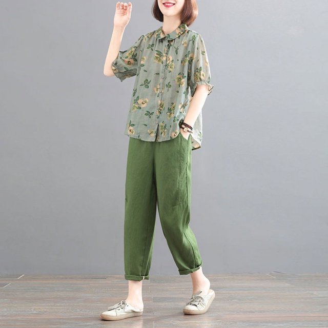Traje de lino de algodón de dos piezas informal vintage con estampado grande y holgado de estilo coreano para verano, ropa nueva para mujer