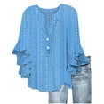 thumbnail image 3 of Bmawag Blouses for Women 3/4 Sleeve V-Neck Plus Size Solid Color Ruffle Sleeve Pullover Shirts Women's Trendy Casual Loose Blouses Gifts for Women Blue S, 3 of 6